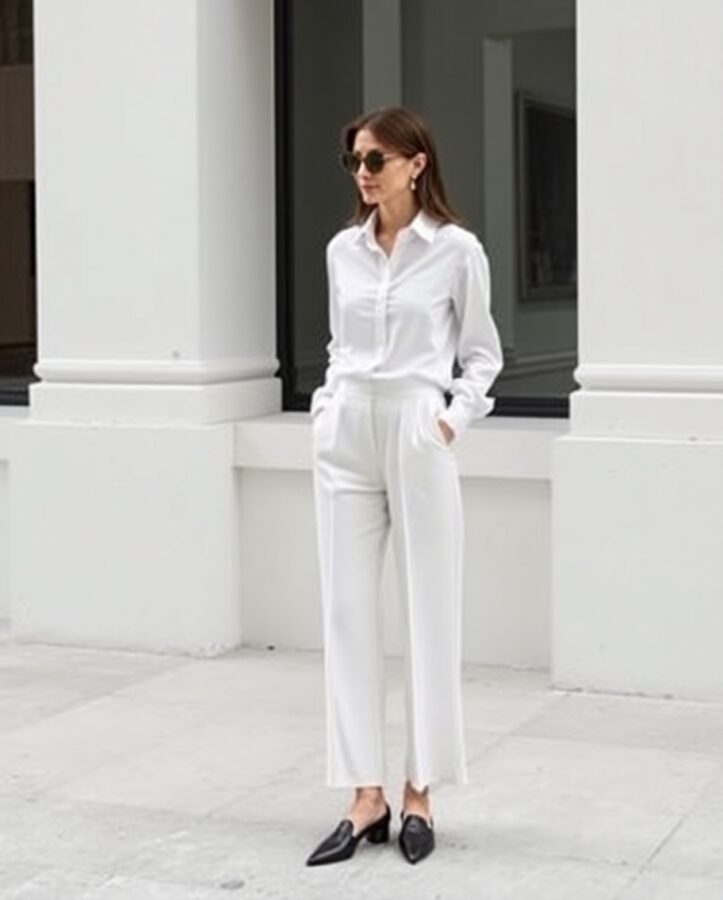 A sharp, minimalist monochrome outfit with a modern touch.