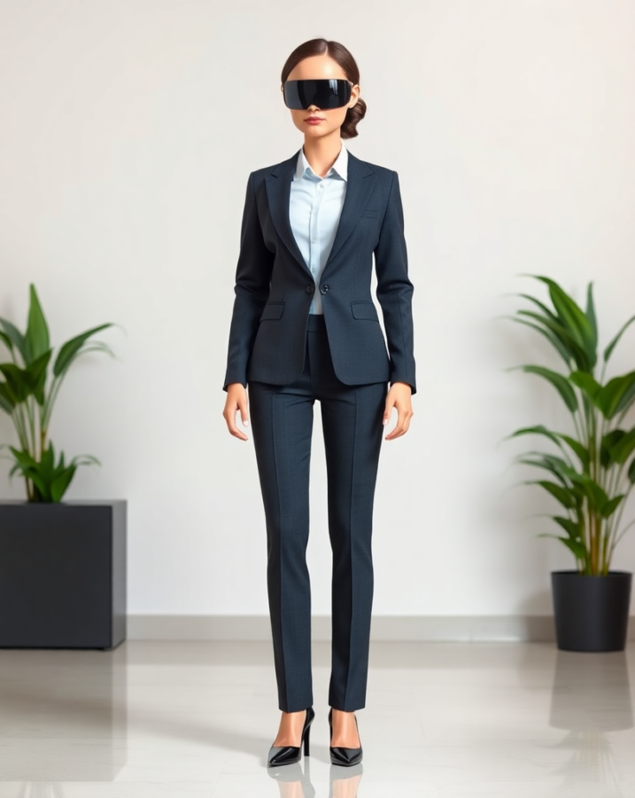 A lady dressed in elegant modern business attire that's both professional and versatile for any workplace setting.