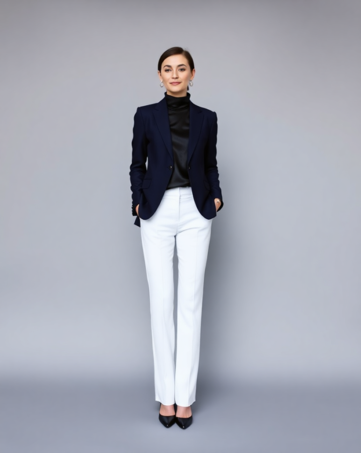 A lady dressed in a modern take on a classic look, featuring a stylish blazer paired with elegant wide-leg trousers.