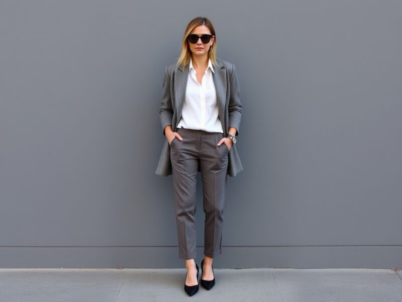 A lady dressed in a sophisticated outfit showcasing the elegance of monochromatic minimalism.