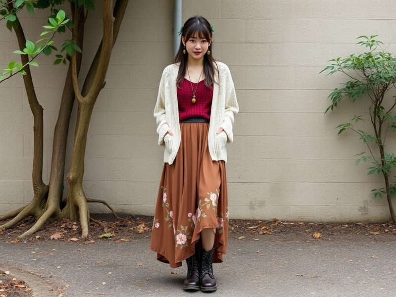 A lady dressed in a flowing, nature-inspired Mori Girl outfit.