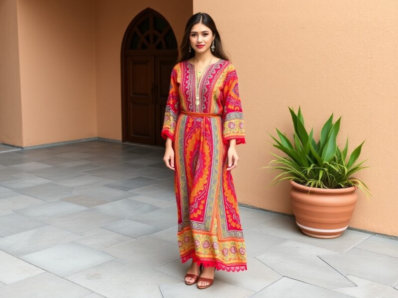 A person wearing a flowing, elegant Moroccan Kaftan, a traditional loose-fitting robe often adorned with intricate embroidery and vibrant colors.