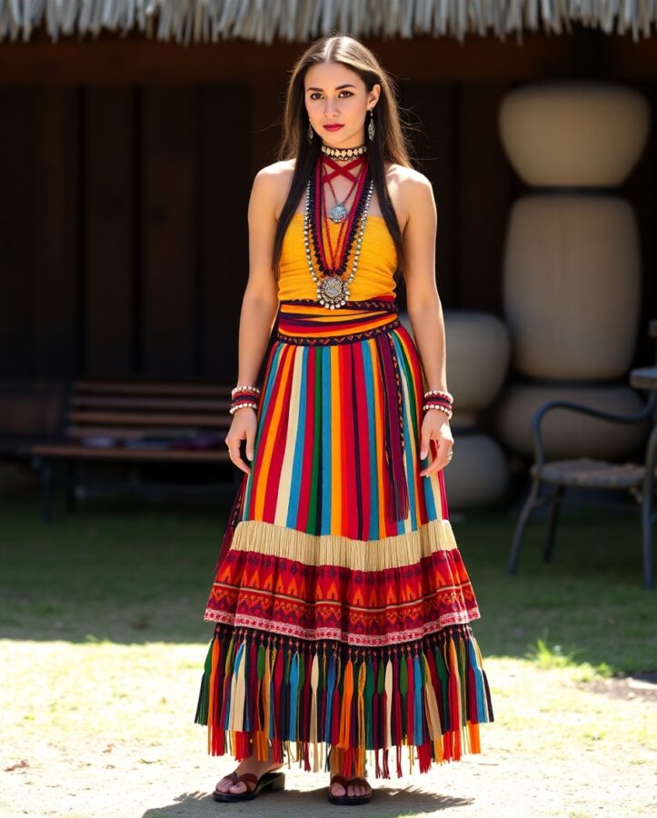 A lady wearing a vibrant, colorful Native American Ribbon Skirt, a traditional garment  adorned with intricate beadwork and flowing ribbons.