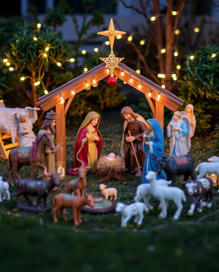 A beautifully arranged outdoor nativity scene featuring life-size figurines of Mary, Joseph, and baby Jesus, surrounded by soft lighting.