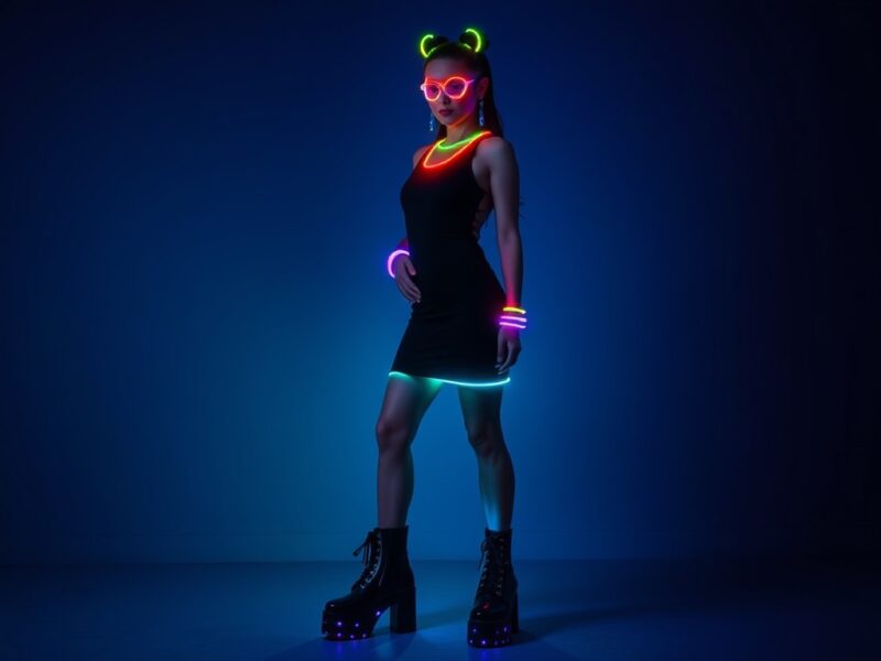 a lady dressed in a dazzling Neon Nights Decora look, featuring vibrant neon colors, futuristic accessories, and a futuristic aesthetic.