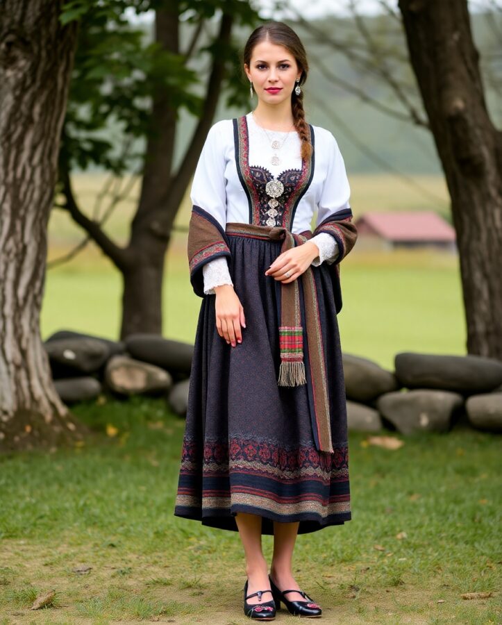 A woman elegantly dressed in a traditional Norwegian Bunad, a colorful, festive folk costume often worn on special occasions.