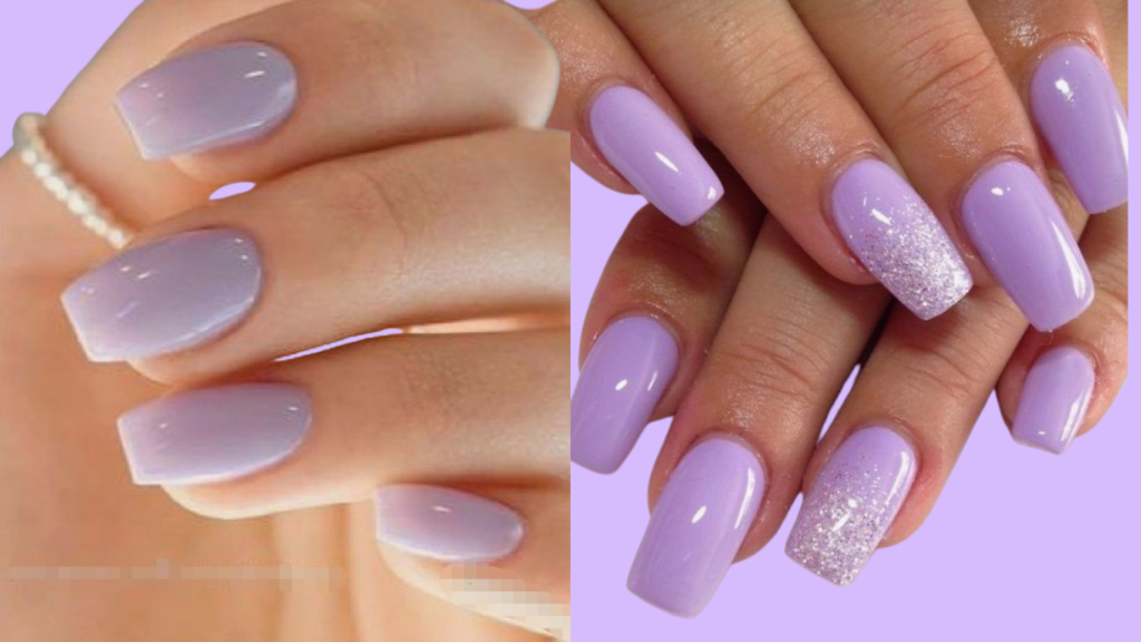 Close-up of neatly manicured nails painted in a soft, pale purple shade, showcasing a smooth, even finish. The color exudes elegance and pairs beautifully with both casual and formal styles.