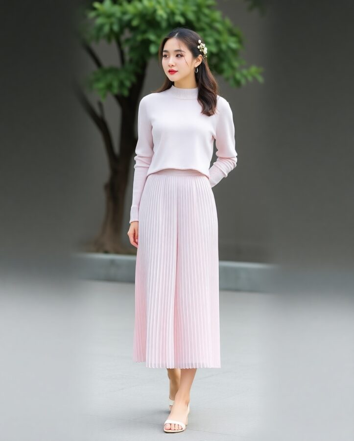 A stylish pastel pleated skirt paired with a cozy cropped sweater, creating a trendy and comfortable outfit.