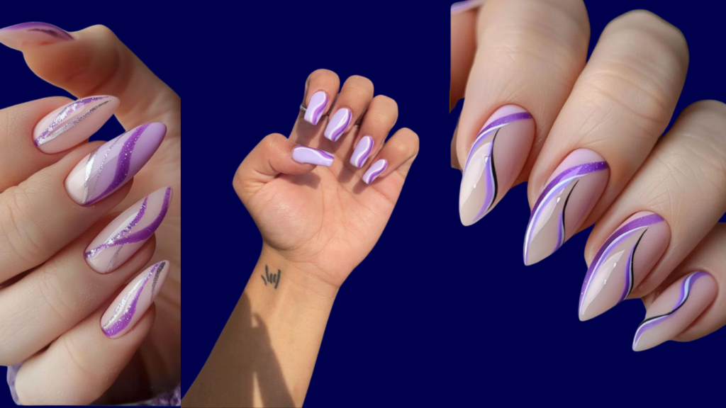 Soft pastel purple nails with delicate swirl designs, creating a dreamy and playful look.