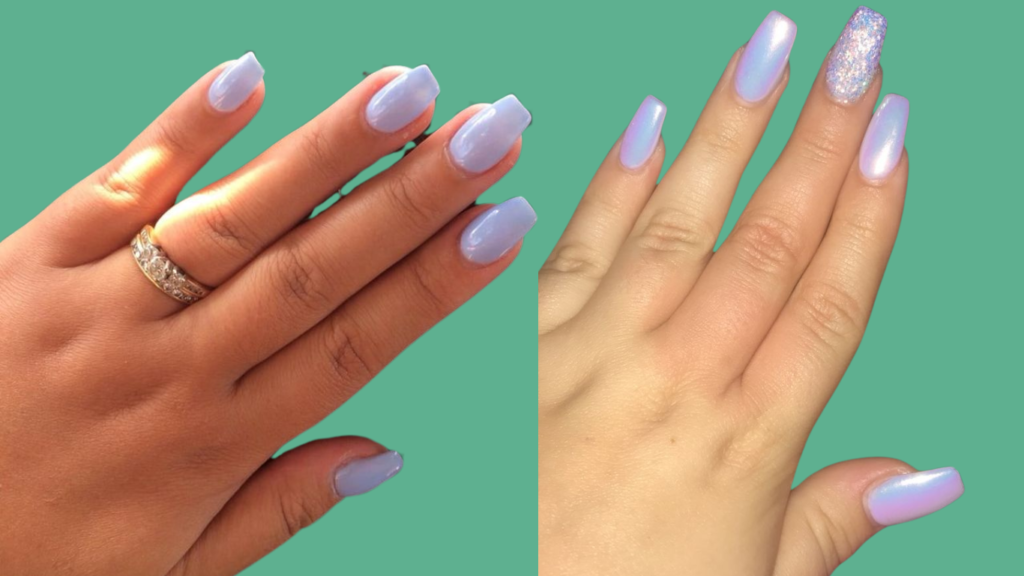 Delicate periwinkle nails in a light, airy shade that combines soft blue and lavender hues. 