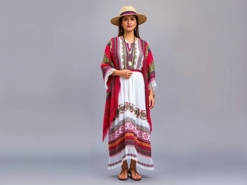 A woman wearing a colorful, Peruvian Pollera, a traditional dress often paired with intricate accessories.