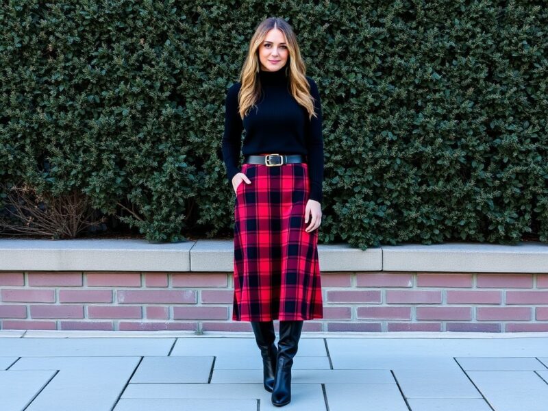 Chic plaid midi skirt paired with a cozy turtleneck for a stylish holiday look.