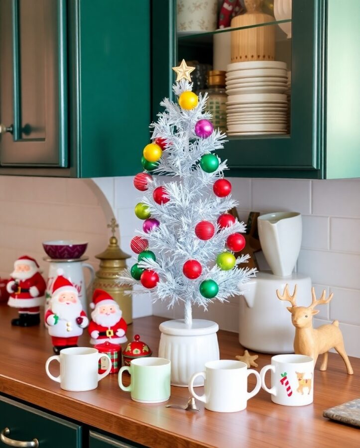 A cheerful vintage Christmas kitchen display with colorful decorations, retro holiday touches, and classic festive kitchenware.