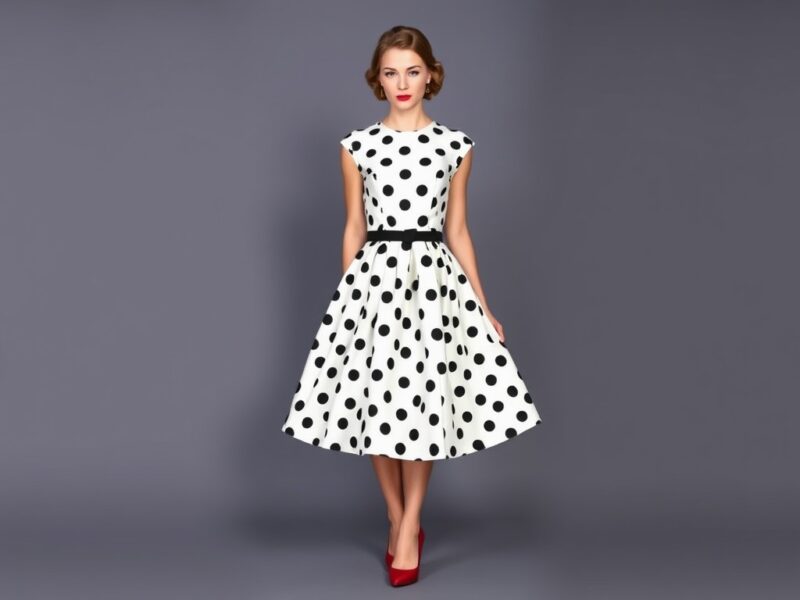 A lady in a classic polka dot dress with a retro glamour touch, featuring a flared skirt, cinched waist, and timeless dot pattern for a playful and chic 'dress to impress' outfit.