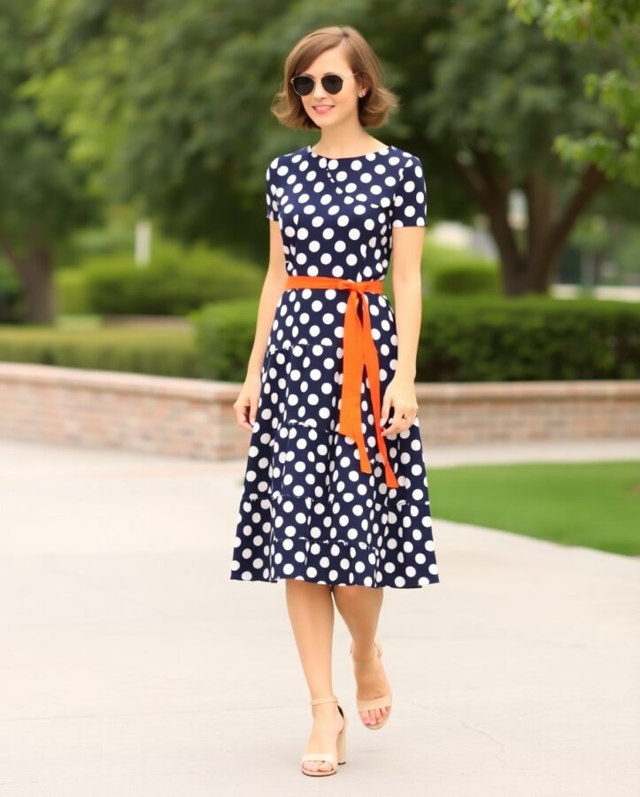 A lady dressed in a retro polka dot dress with a vibrant orange sash, featuring a flared skirt, contrasting patterns, and a cinched waist for a fun and stylish 'dress to impress' outfit