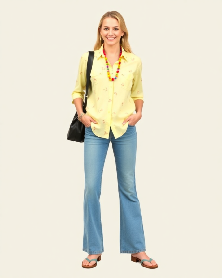 A lady confidently rocking a popcorn shirt and flared jeans, a classic Y2K combination that perfectly embodies the playful spirit of the era.