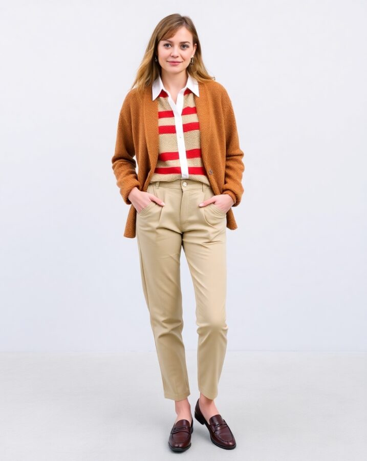 A lady dressed in a preppy 80s-inspired outfit, channeling classic collegiate style.