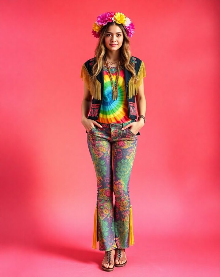 A lady dressed in a vibrant, psychedelic 1960s-inspired outfit, a true flower child.