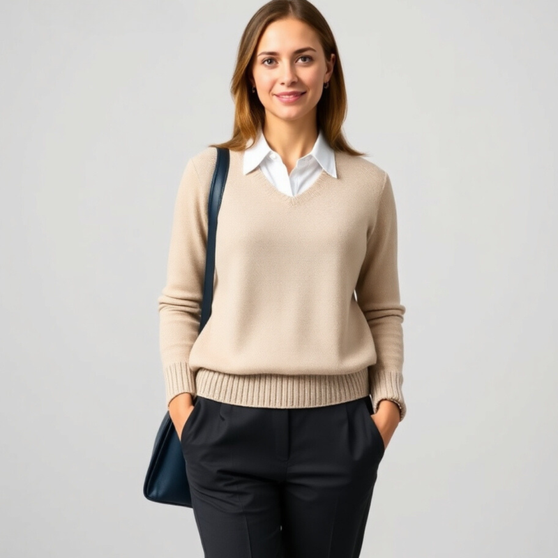 Professional yet approachable outfit with soft, soothing colors, a cozy sweater over a crisp collared shirt, and tailored trousers for a polished and inviting style.