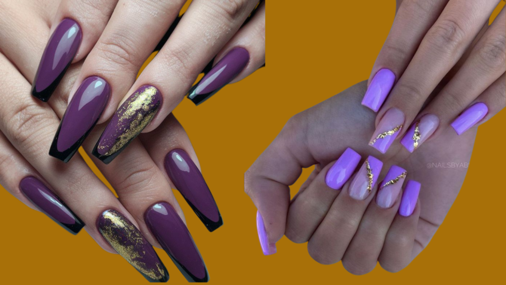 Beautiful purple and gold nails with a rich, royal look.