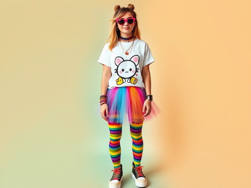 a lady dressed in a vibrant Rainbow Explosion Decora look, featuring a dynamic mix of colors, patterns, and textures, creating an energetic and playful aesthetic.