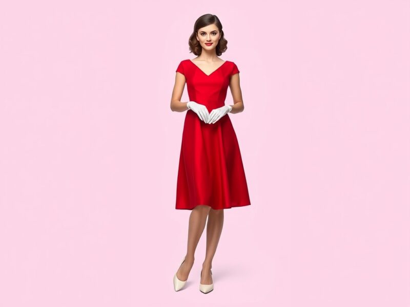 A lady in an adorable red heart dress with a retro-inspired design