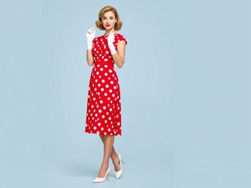 A lady dressed in a playful red polka dot dress with a retro charm, featuring a fit-and-flare silhouette, classic white dot pattern, and a flattering neckline for a lively 'dress to impress' look.