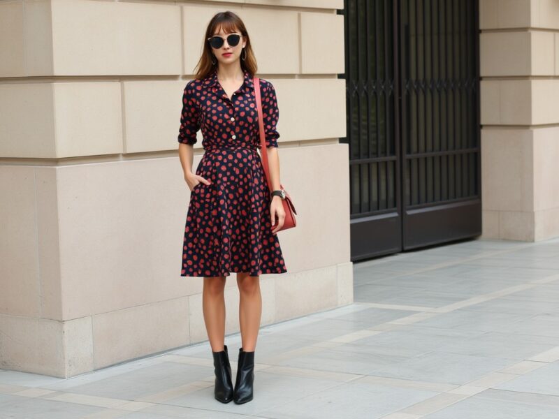 A lady dressed in a stylish outfit featuring a retro dress paired with unexpected modern accessories.