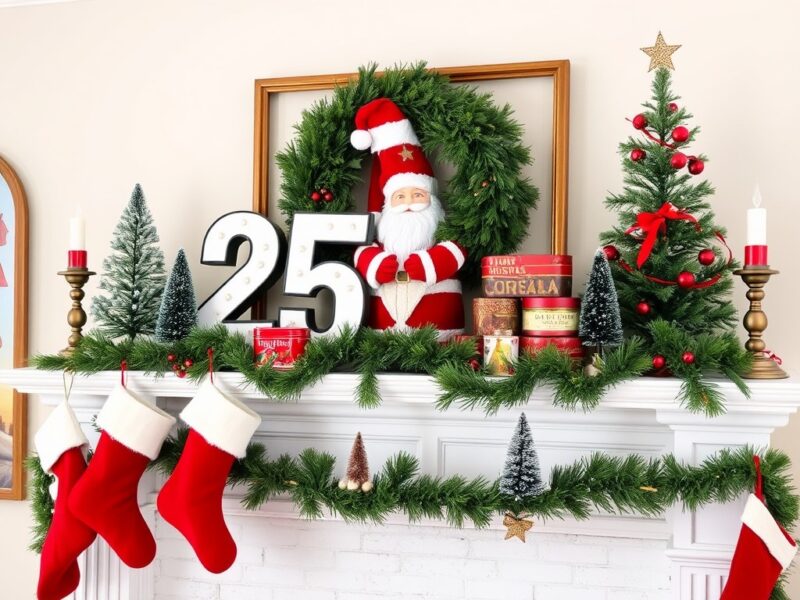 A retro Santa mantel display featuring vintage Santa figurines, colorful ornaments, and classic holiday accents for a nostalgic holiday vibe.