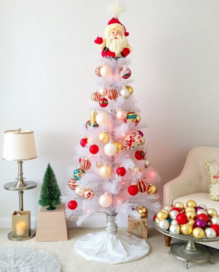 A retro silver Christmas tree adorned with colorful ornaments, topped with a cheerful Santa figure for festive charm.