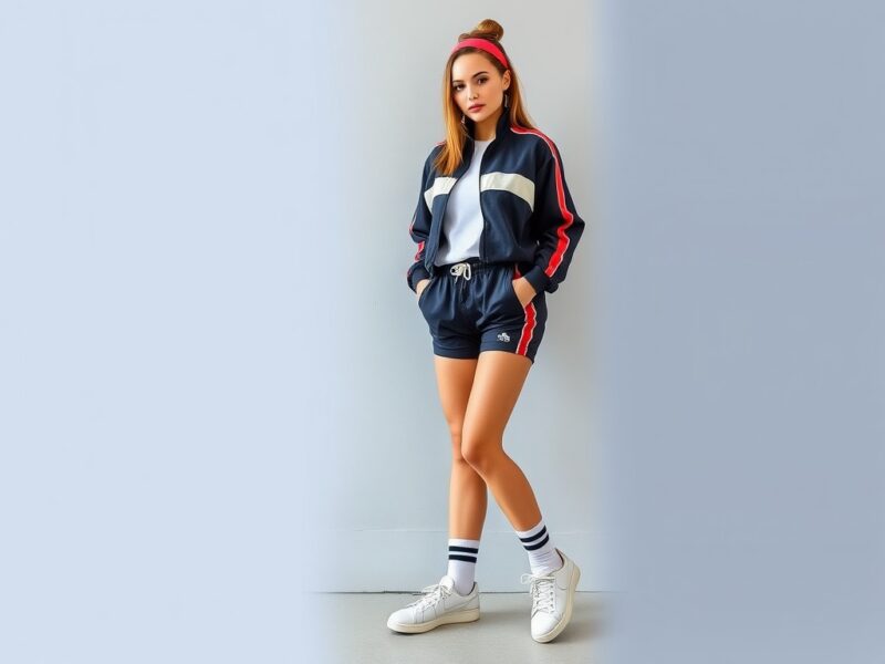 A lady dressed in a stylish retro sportswear outfit, blending athleticism with vintage chic.