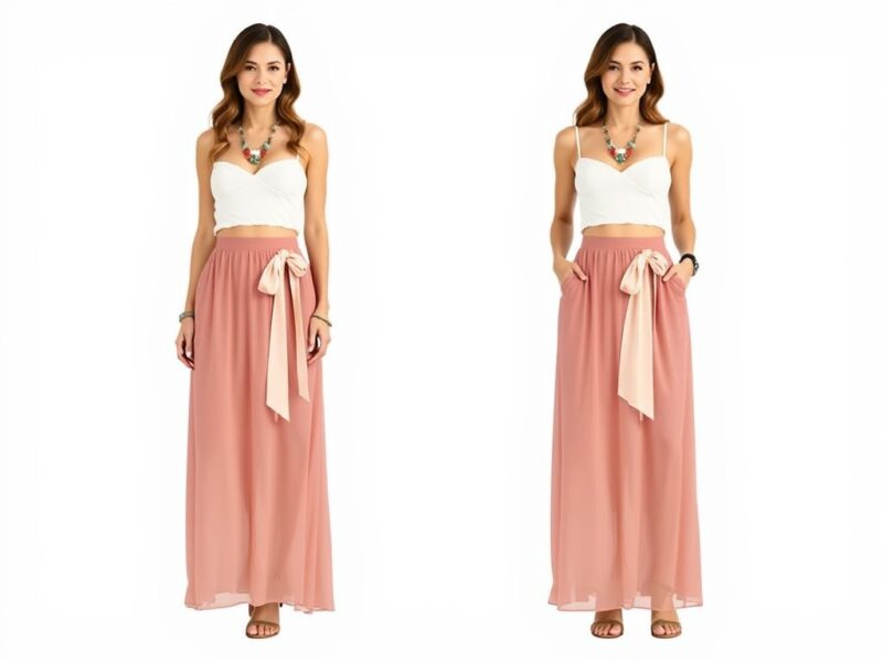 A lady dressed in a flowing maxi skirt and a crop top, both elegantly accented with delicate ribbons.