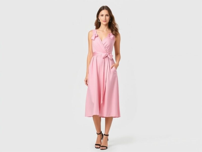 A lady dressed in a charming midi dress with delicate ribbon accents.