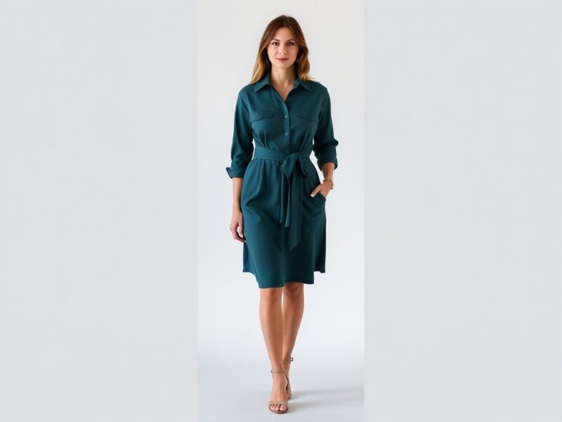 A lady dressed in a stylish shirt dress cinched at the waist with a delicate ribbon belt.