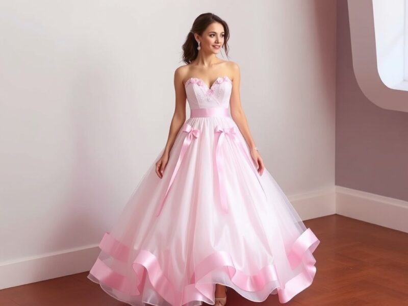 A lady dressed in a breathtaking ball gown adorned with elegant ribbon details.