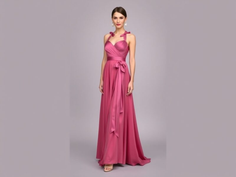 A lady dressed in a glamorous evening gown adorned with elegant ribbon embellishments.