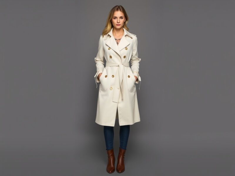 A classic trench coat with elegant ribbon embellishments, adding a touch of femininity.