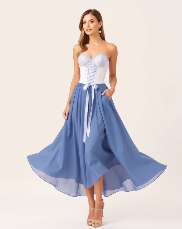 A lady dressed in a captivating ensemble featuring a ribbon-laced corset top paired with a high-waisted skirt.