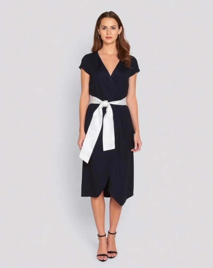 A lady dressed in a flowing wrap dress with elegant ribbon ties, creating a graceful and feminine silhouette.