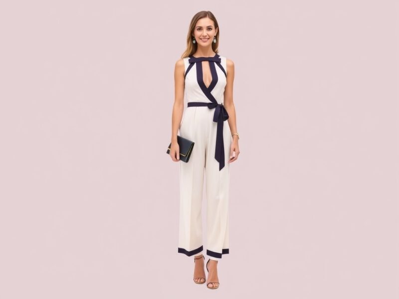 A lady dressed in a stylish jumpsuit adorned with delicate ribbon trim.