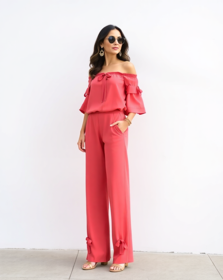 A lady dressed in a flowing off-shoulder top paired with elegant palazzo pants featuring delicate ribbon trim.