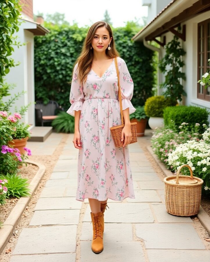 A flowy, floral dress paired lace-up boots, evoking a romantic cottagecore aesthetic perfect for a peaceful countryside walk.