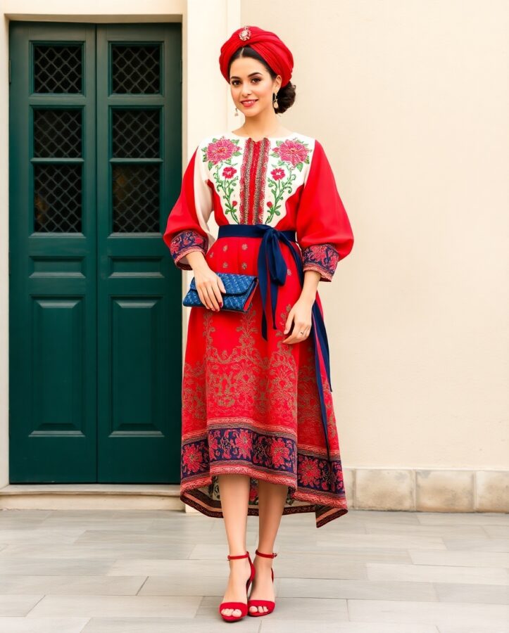 A woman wearing a vibrant, floral Russian Sarafan, a traditional long, loose-fitting dress.