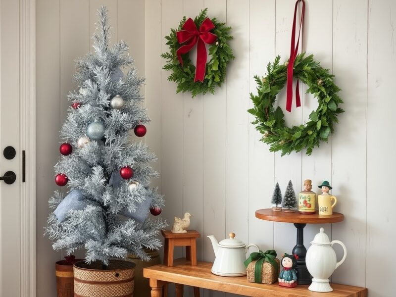 A rustic vintage Christmas corner with a decorated tree, and cozy holiday decor for a nostalgic feel.