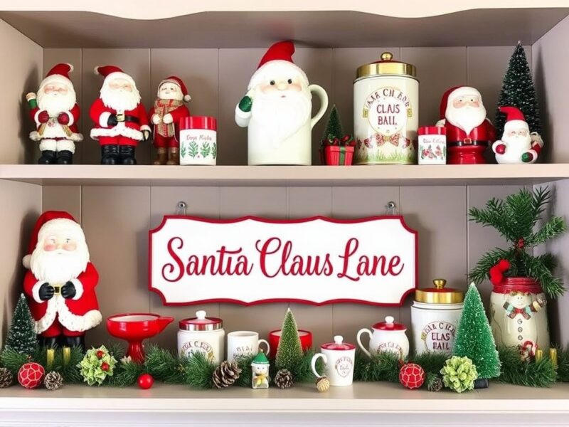 A Santa Claus Lane shelf display with vintage Santa figurines, festive decorations, and colorful holiday accents, creating a cheerful scene.