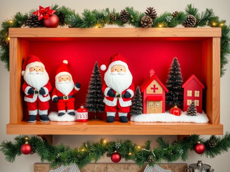 A charming shelf display featuring a variety of Santa Claus figurines and vintage decorations, creating a festive scene.