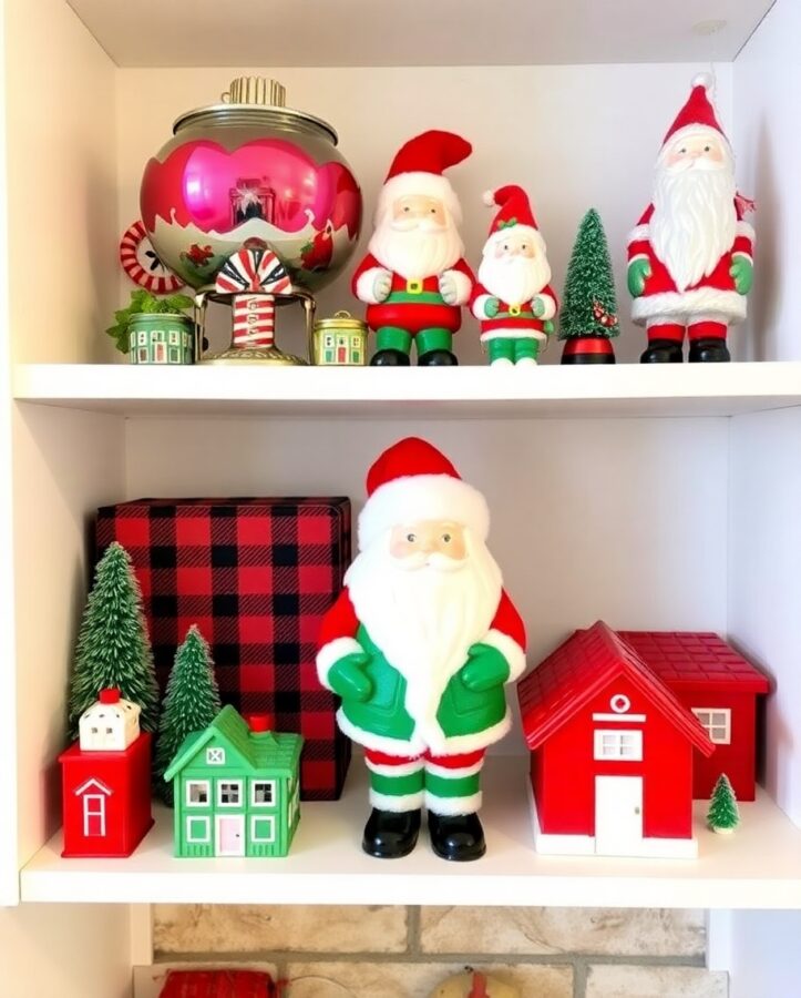 A shelf adorned with Shiny Brite vintage ornaments and a cheerful Santa figurine, creating a classic Christmas display.