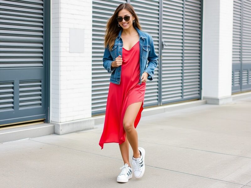 A lady dressed in a stylish Y2K outfit featuring a slinky slip dress paired with chunky sneakers, creating a surprisingly chic and unexpected look.