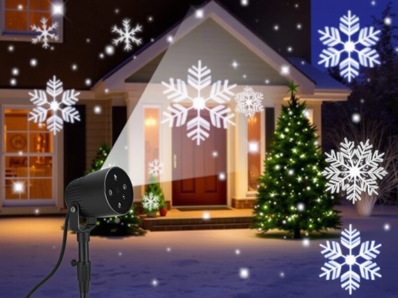 A set of snowflake projector lights cast intricate snowflake patterns onto a house’s exterior, creating a winter wonderland effect.