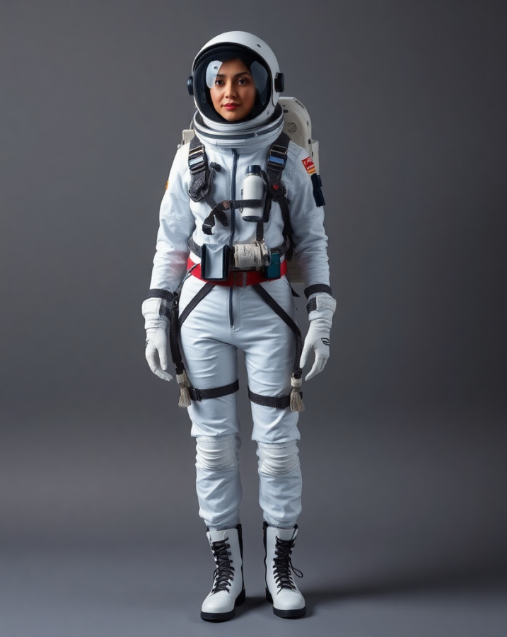 A lady dressed in an otherworldly space explorer outfit that evokes a sense of wonder and excitement.